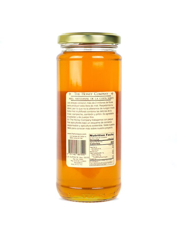 Back of multifloral honey with product explanation