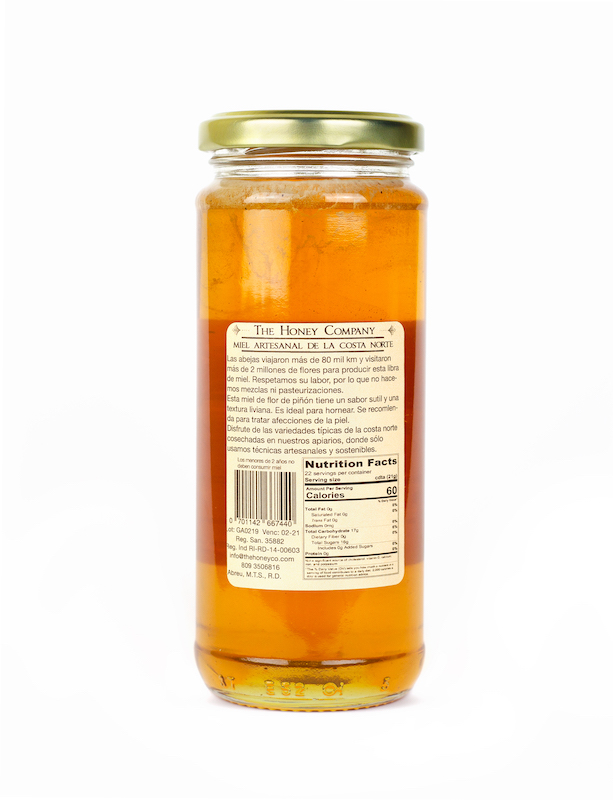 Back of jar of piñon honey by The Honey Company